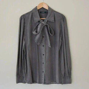 NWT LAUREN RALPH LAUREN Button Down Blouse Top with Tie Grey Size XL